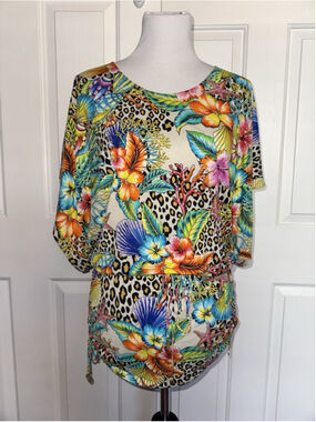 Luli Fama XS Tropical Leopard Cover Up Tunic Ruched Swim Beach Resort Luxe